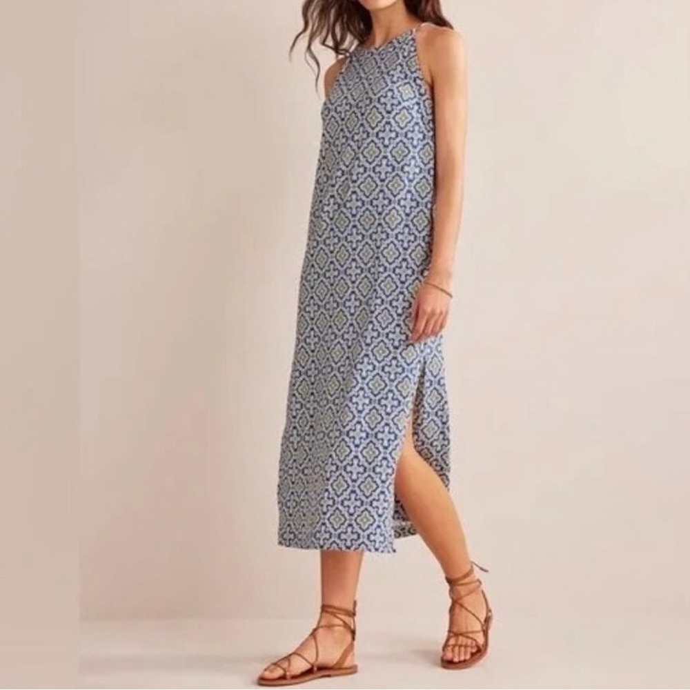 Boden Racer Neck Jersey Midi Dress - Size 16-18 - Blue Heron Flora Tile - Picture 1 of 9